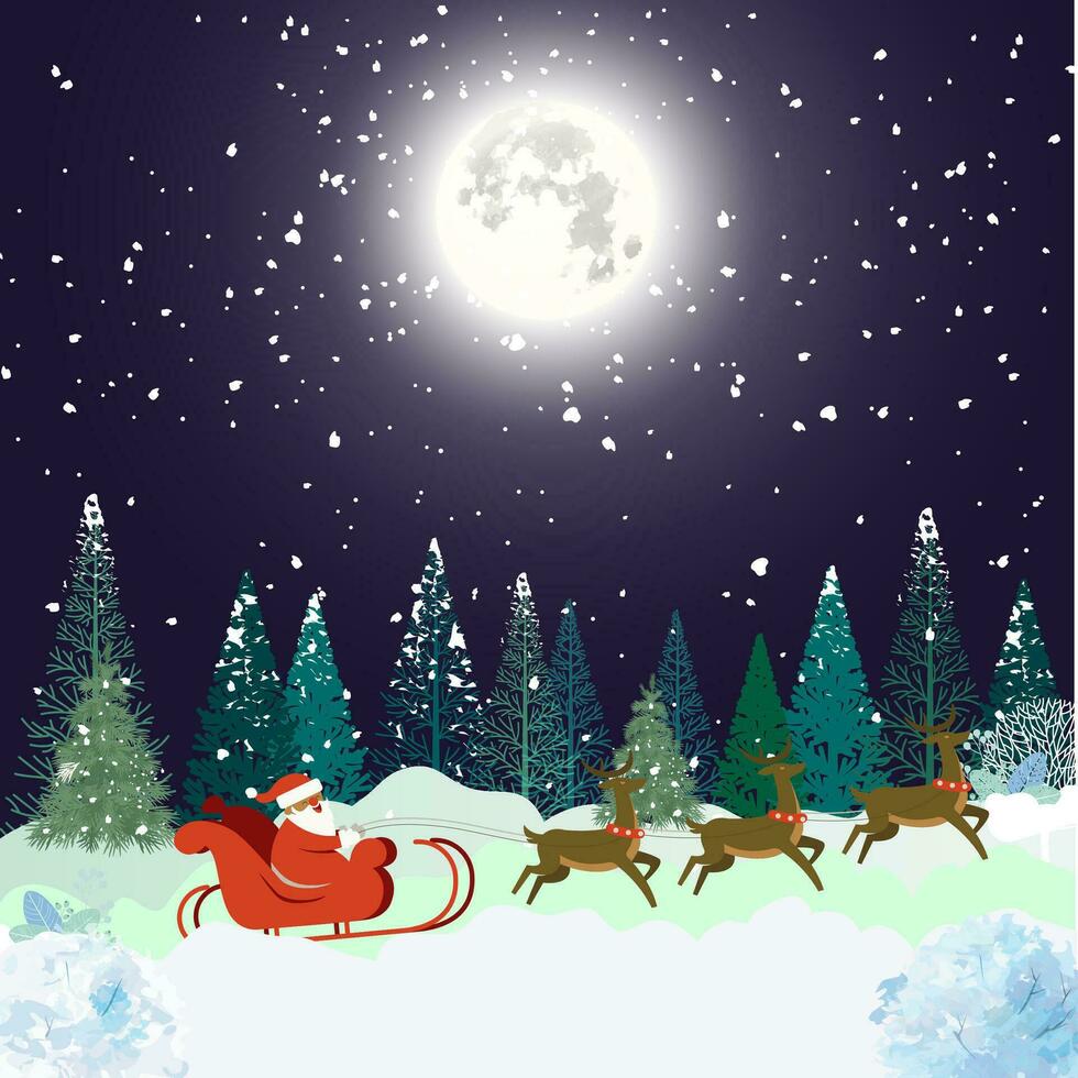 dinámica Papa Noel reno trineo escena debajo luz de la luna en el invierno noche. Navidad diseño para bandera, póster y tarjeta. vector