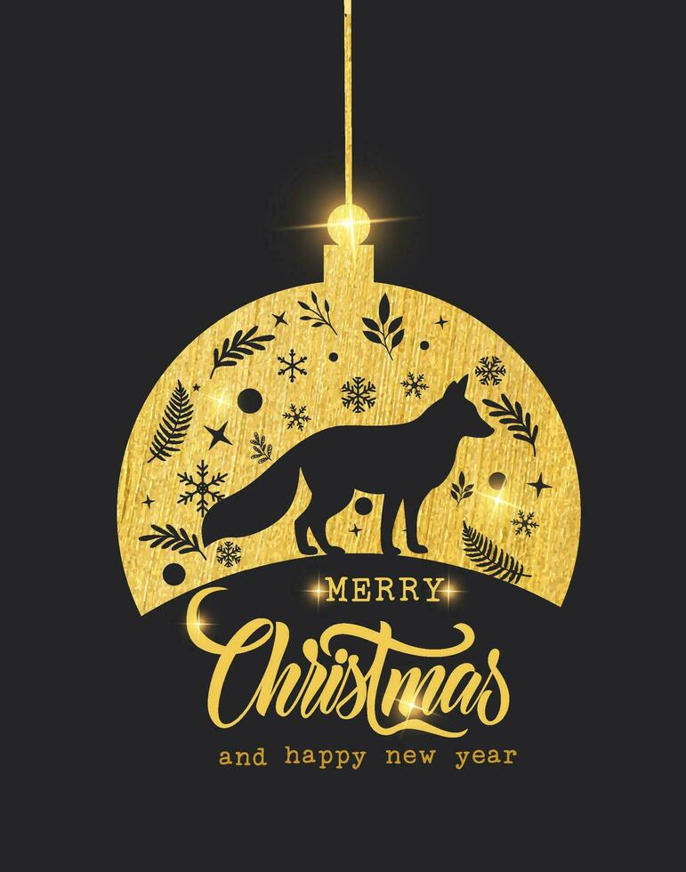 Design dark contrast sparkling with silhouette of fox and christmas ornaments. Christmas and new year card.  Vector illustration on black background.