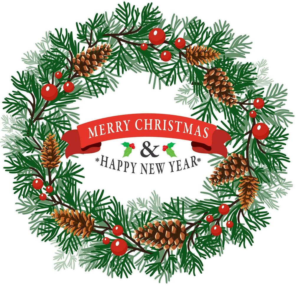 Christmas radial frame and logo. Design wreath elements with leaves pine tree and his flowers on circle frame. Isolated on white background. vector