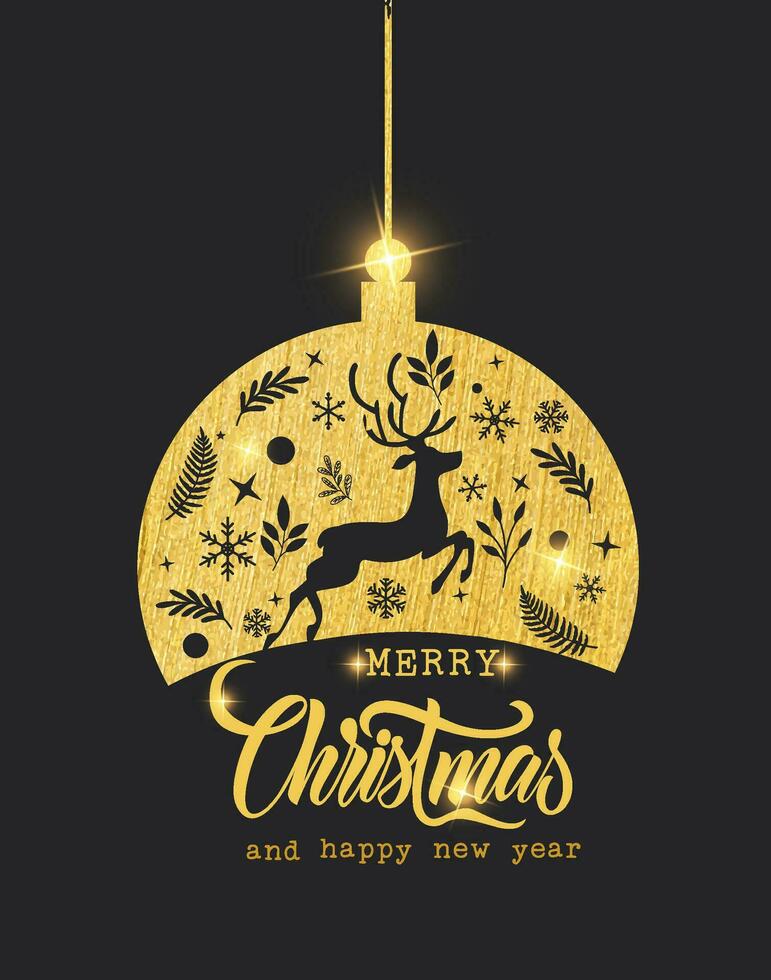 diseño oscuro contraste espumoso con silueta de reno y Navidad adornos Navidad y nuevo año tarjeta. vector ilustración en negro antecedentes.