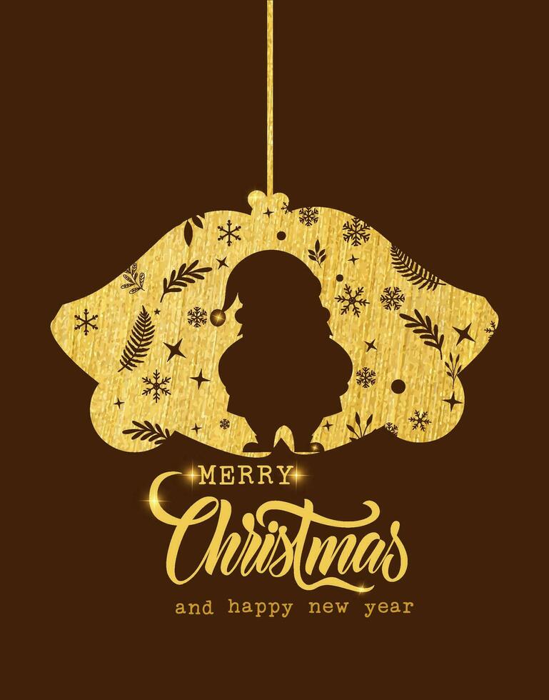Design dark brown sparkling with silhouette santa cla us and christmas ornaments. Christmas and new year card.  Vector illustration on dark brown background.
