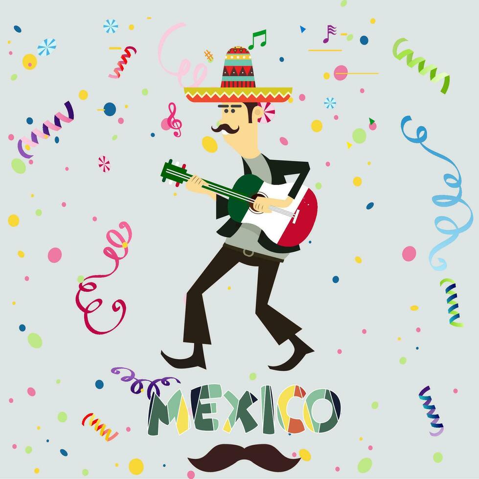 Guitarist in sombrero cartoon flat vector illustration. Male guitarist with mexico flag guitar pattern icon decor to party. Ornaments party on background.