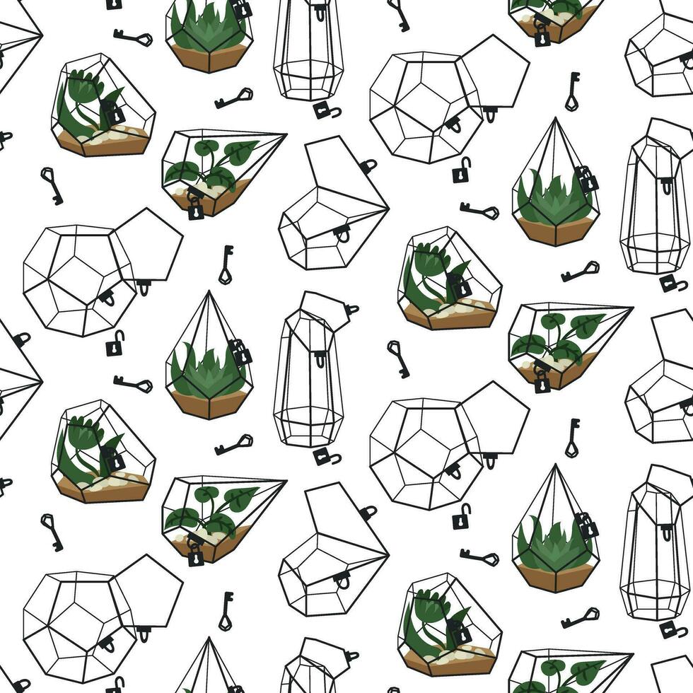 A set of beautiful indoor and outdoor terrariums with and without flowers. Vector illustration of a glass florarium of various geometric shapes with plants and empty, closed locks with keys on a white