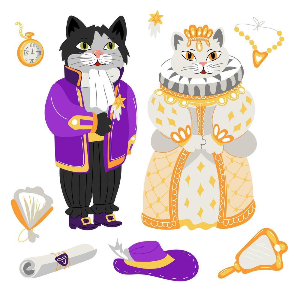 un gato y un gatito en retro disfraces para el pelota. el trajes de el reina y el Mensajero de el Diecinueveavo siglo. salón de baile trajes y accesorios. animales en pelota batas, espejo, sombrero en un blanco vector