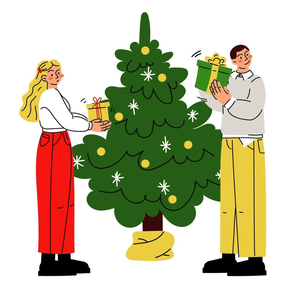 un brillante Pareja da cada otro regalos en el antecedentes de un Navidad árbol. vector chico y chica, vector plano ilustración de apertura regalos. dar regalos. un sorpresa regalo caja. Navidad, nuevo año