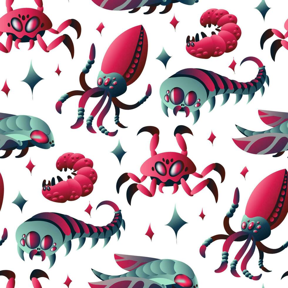 A pattern with space insects in the form of a fly, crab, centipede, maggot, squid. Mechanical insects of blue and pink colors fly in space on a white background. Vector gradient illustration