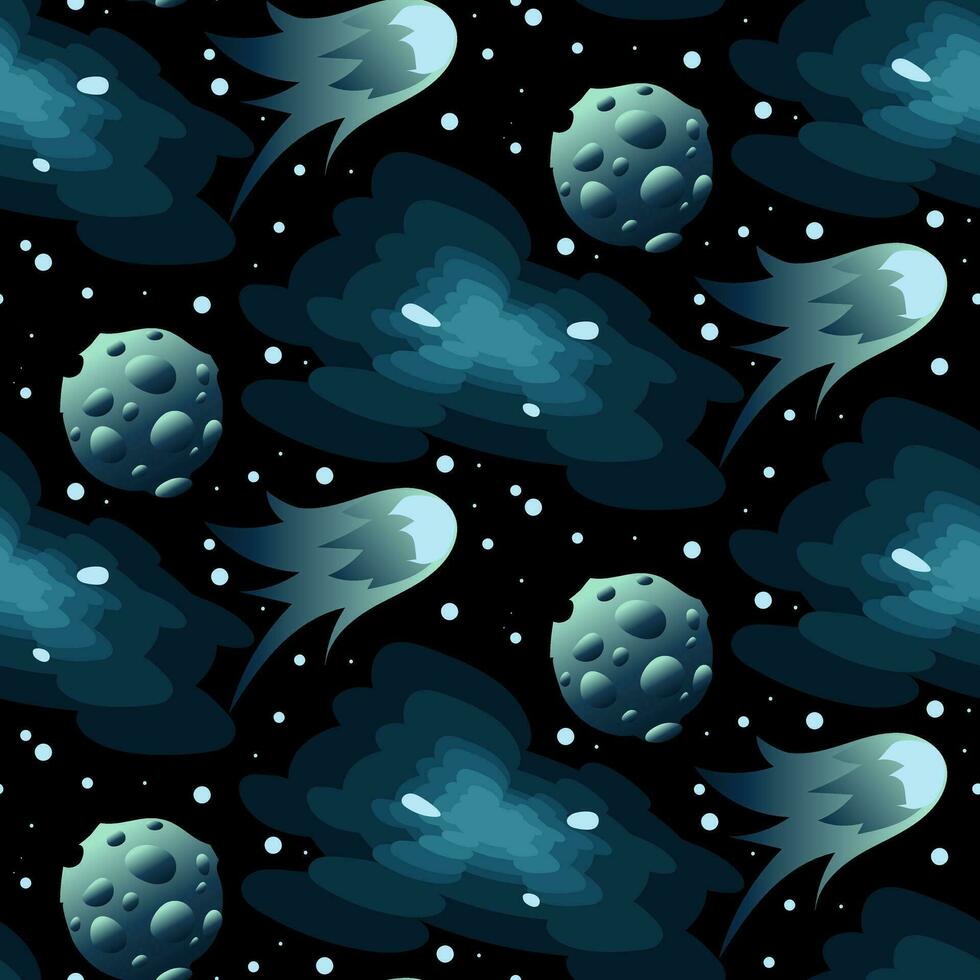 Vector space seamless pattern. Cartoon space texture with a planet, a flying fiery asteroid, a space funnel and stars in blue tones on a black background. Space Adventure