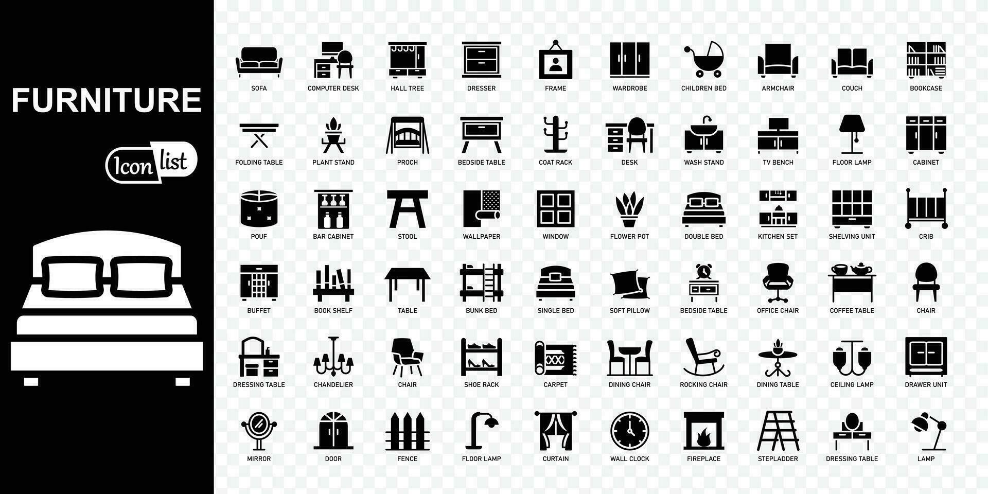 Furniture black icons Vector set. Kitchen, bedroom, sofa table, bookcase closet, chair, lamps,  Furniture illustration symbol collection.