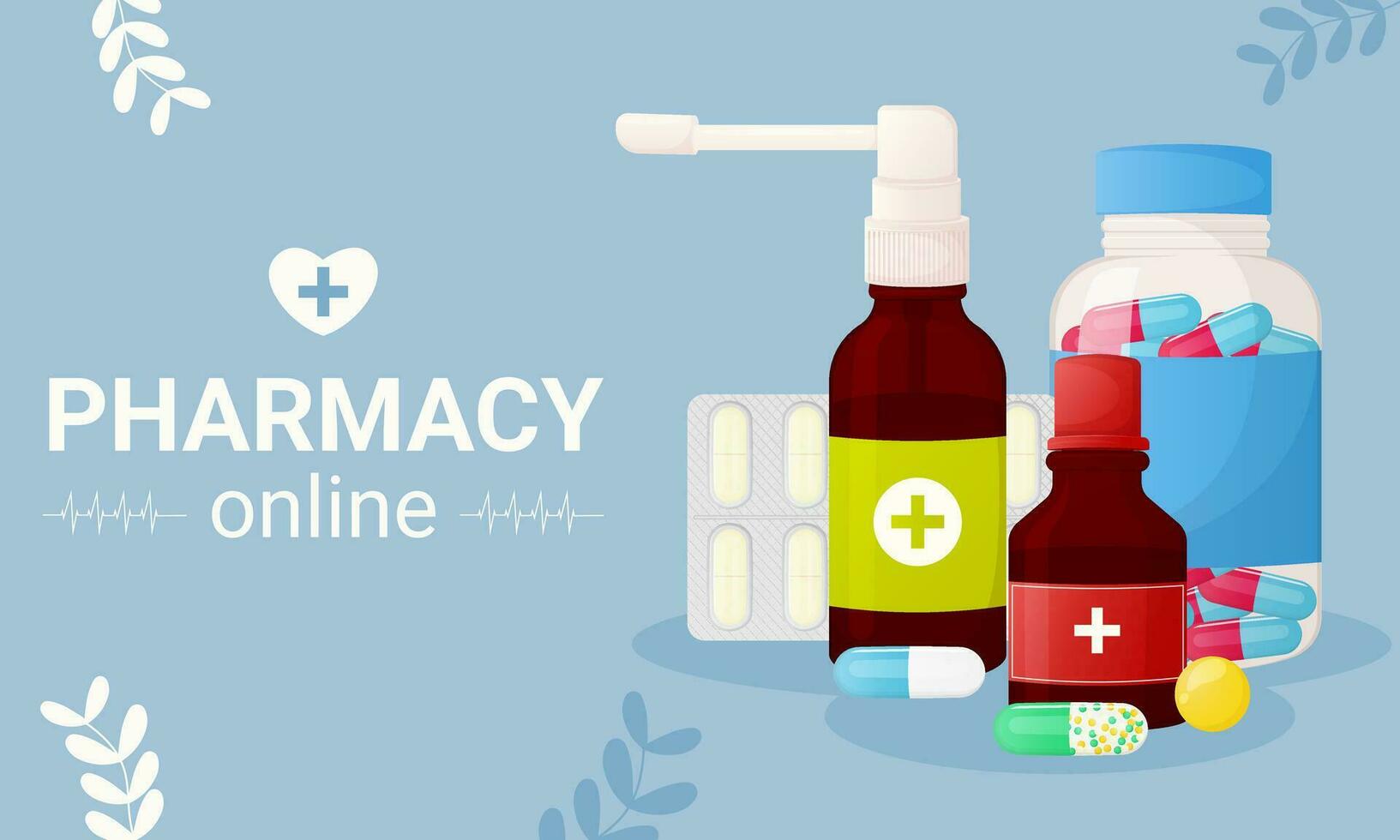 farmacia bandera concepto con diferente tipo de medicamentos. vector