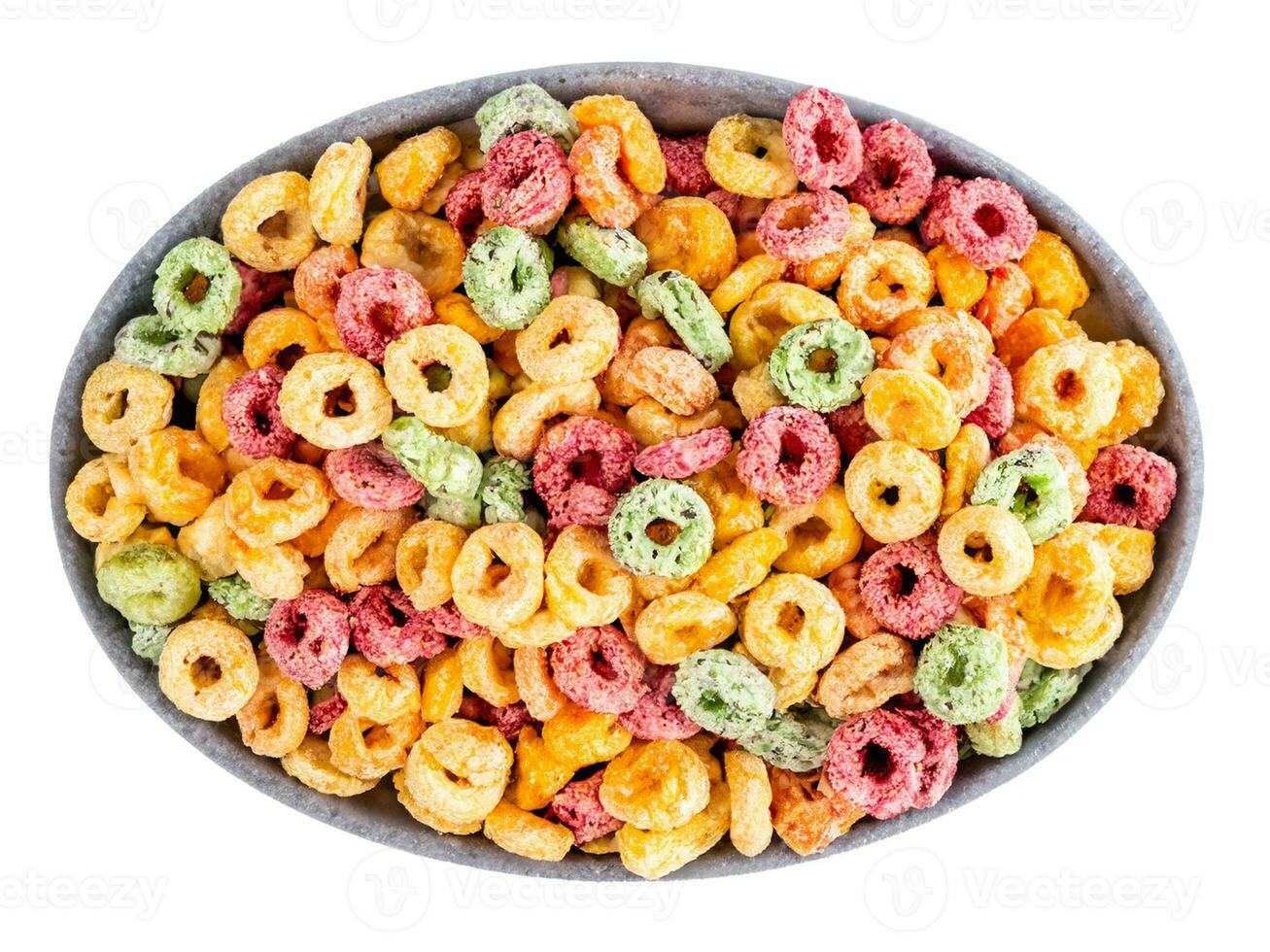bowl of cereal rings on white background. photo