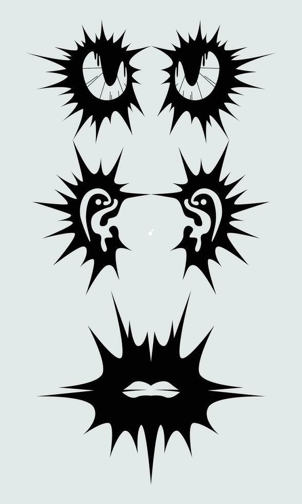 Brutalism element shape asset acid poster, tattoo, tribal illustration vector eyes and lips icon, symbol sick editable