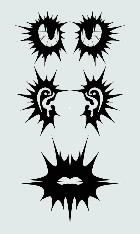 Brutalism element shape asset acid poster, tattoo, tribal illustration vector eyes and lips icon, symbol sick editable