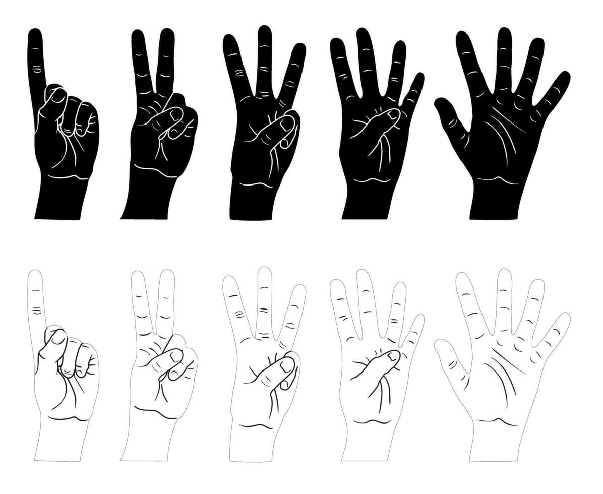 hand gestures. Line art and silhouette collection. Hands with fingers. Education counting icons set vector