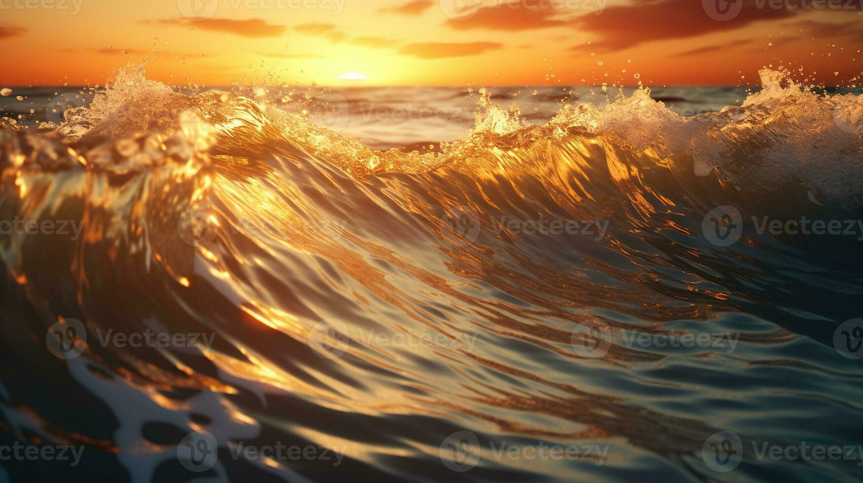 AI generated Foamy Waves Rolling Up in Ocean with Golden Hour Time photo