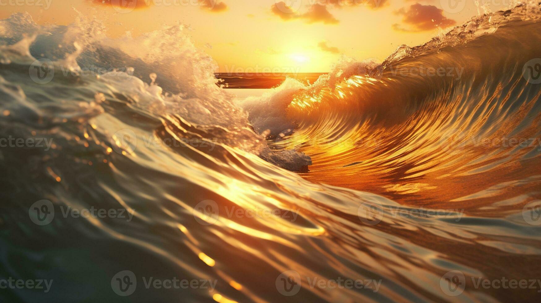 AI generated Foamy Waves Rolling Up in Ocean with Golden Hour Time photo