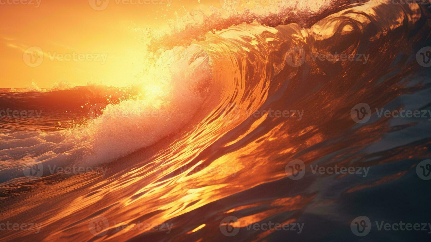 AI generated Foamy Waves Rolling Up in Ocean with Golden Hour Time photo