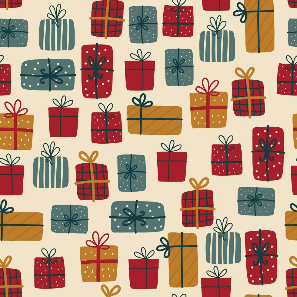 Christmas gifts pattern. Seamless background with Xmas present boxes in colorful paper. Holiday craft surprises repeating print, texture design. Flat vector illustration for decoration.