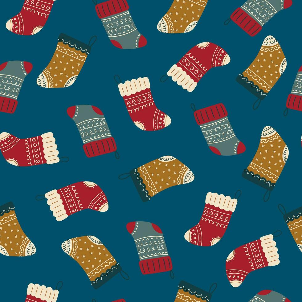 Colorful Christmas socks seamless pattern. Cute hand-drawn vintage cartoon socks on background. vector