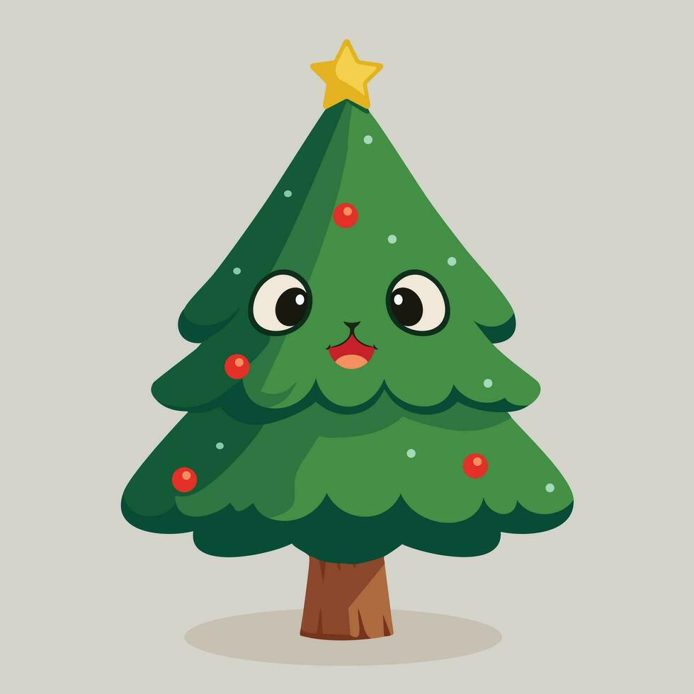 Cute decorated Christmas tree smiling. Flat style vector illustration.