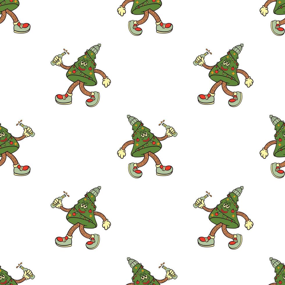 Christmas tree retro cartoon character seamless pattern vector