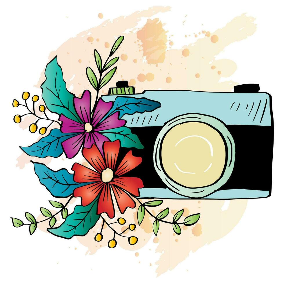 Cámara Retro En Flores Y Plantas. Cámara Fotográfica De Mano. Puede  Utilizarse Como Logotipo De Impresión Para Tarjetas Invitación Stock de  ilustración - Ilustración de cubo, planta: 274416467