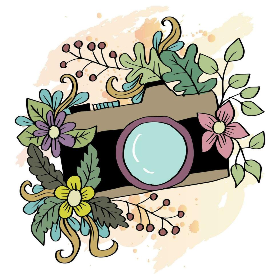 Retro photo camera with floral decoration. vector