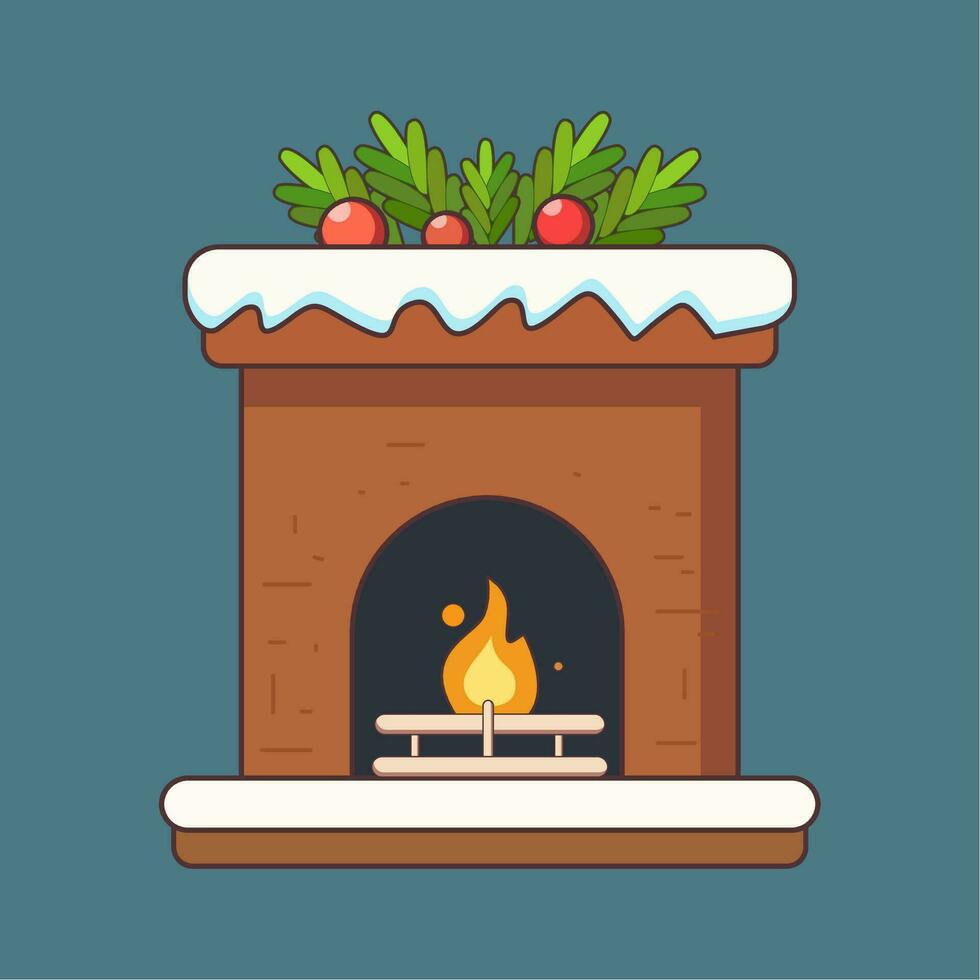 christmas fireplace with fire and christmas tree vector