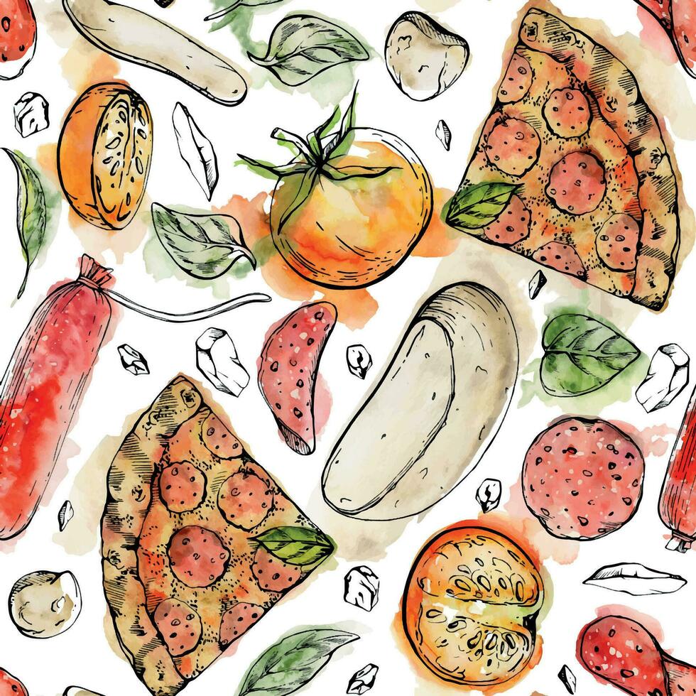 Hand drawn watercolor ink illustration. Pepperoni pizza slice with toppings, Italian cuisine meal. Seamless pattern isolated on white. Design restaurant menu, cafe, food shop or package, flyer, print. vector