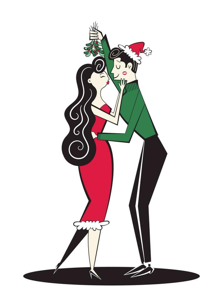 Retro couple in retro style of 60s-70s kissing under the mistletoe. Man and woman dressed in Christmas holiday clothing. vector