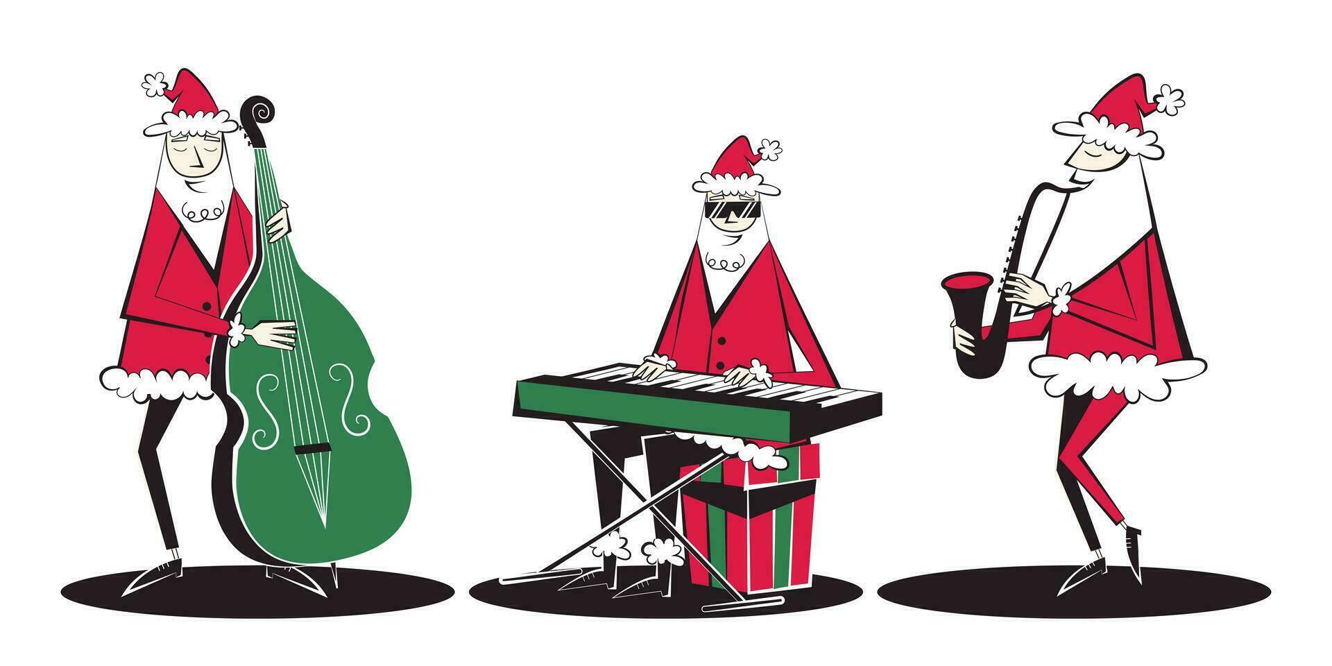 Set of three Santa Claus characters in retro style of 60s-70s. Christmas vector illustration of band of Santas playing double bass, piano and saxophone.
