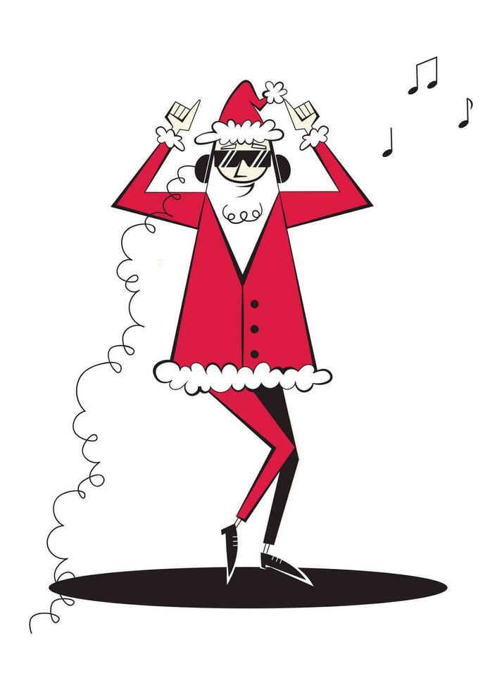 Santa Claus character in headphones and sunglasses dancing. Santa Claus Christmas illustration in retro style of 60s-70s. vector