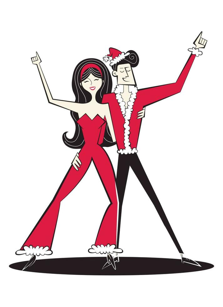 hombre y mujer bailando disco en tradicional Navidad rojo ropa. Pareja en retro estilo de Años 60-70. vector