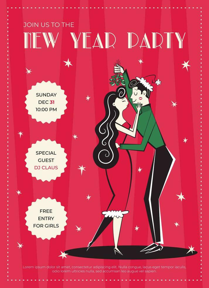 Retro New Year party invitation. New year poster in vintage style. 60s - 70s style Christmas poster with woman and man couple kissing under the mistletoe. vector