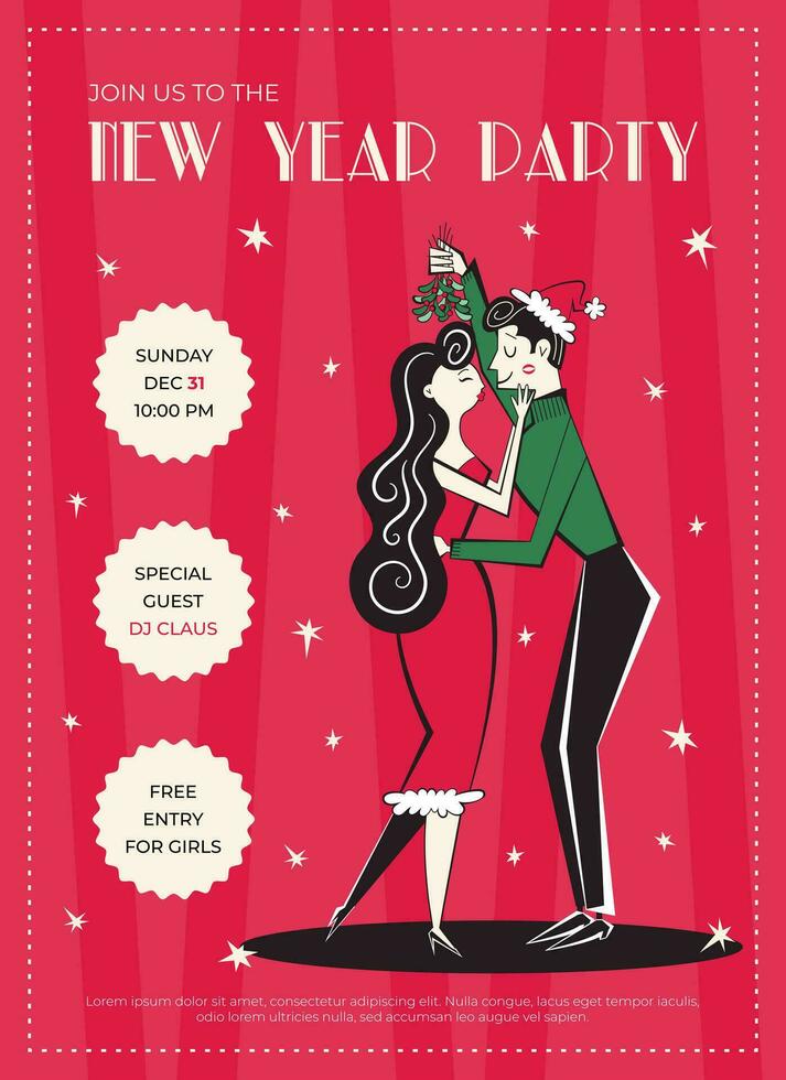 retro nuevo año fiesta invitación. nuevo año póster en Clásico estilo. 60s - 70s estilo Navidad póster con mujer y hombre Pareja besos debajo el muérdago. vector