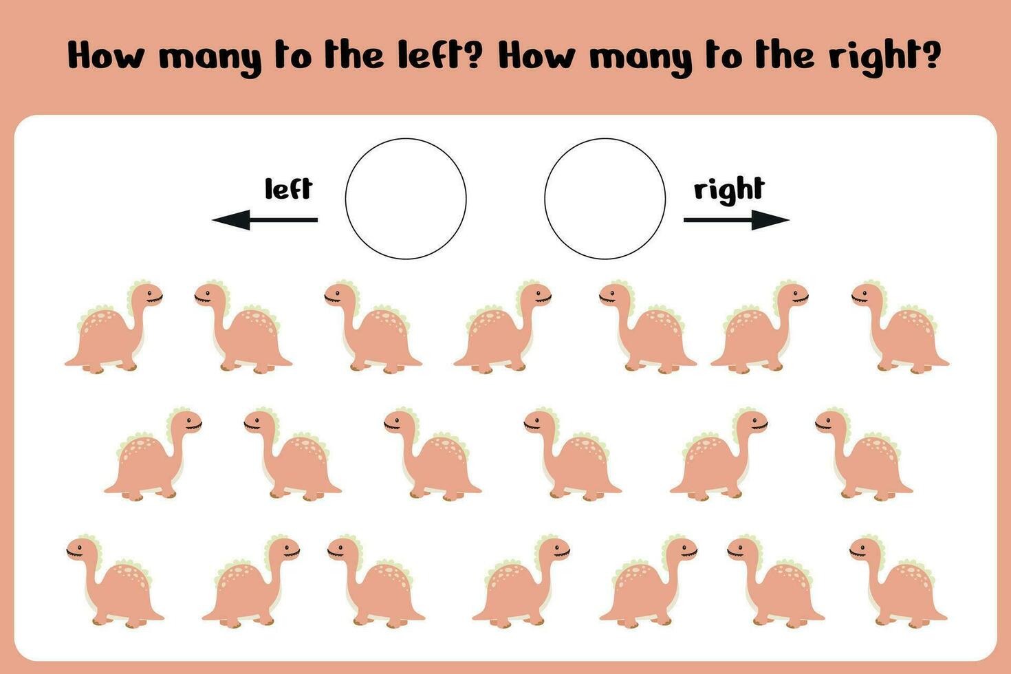 Count how many dinos go to the right and left Logical game for children Left-right. Training sheet.  Vector illustration