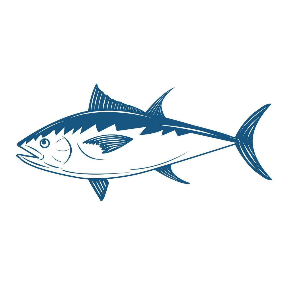 Outline tuna logo blue monochrome color, isolated on white background. Fish symbol vector