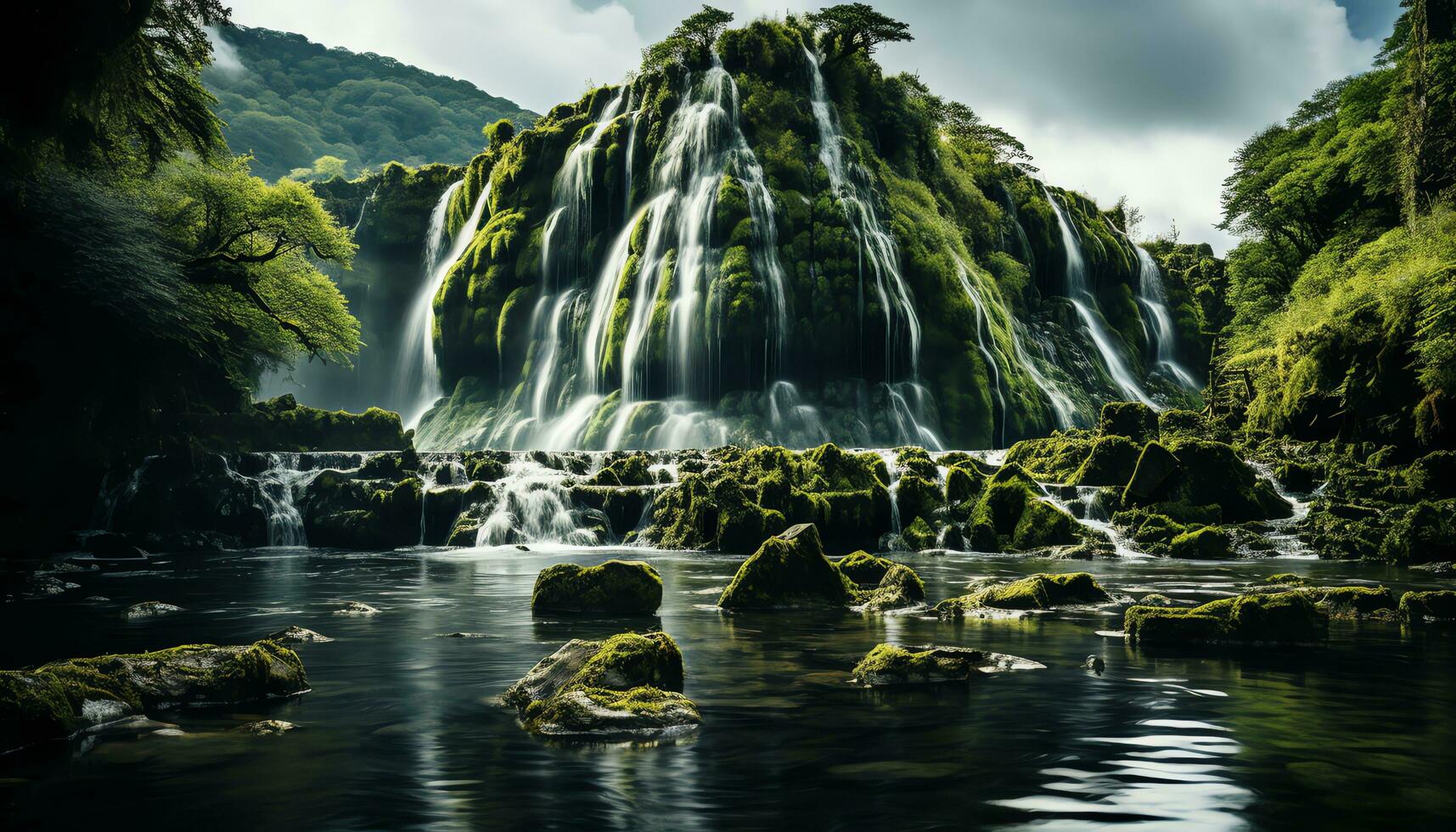 AI generated a waterfall in the middle of a forest with rocks and moss photo