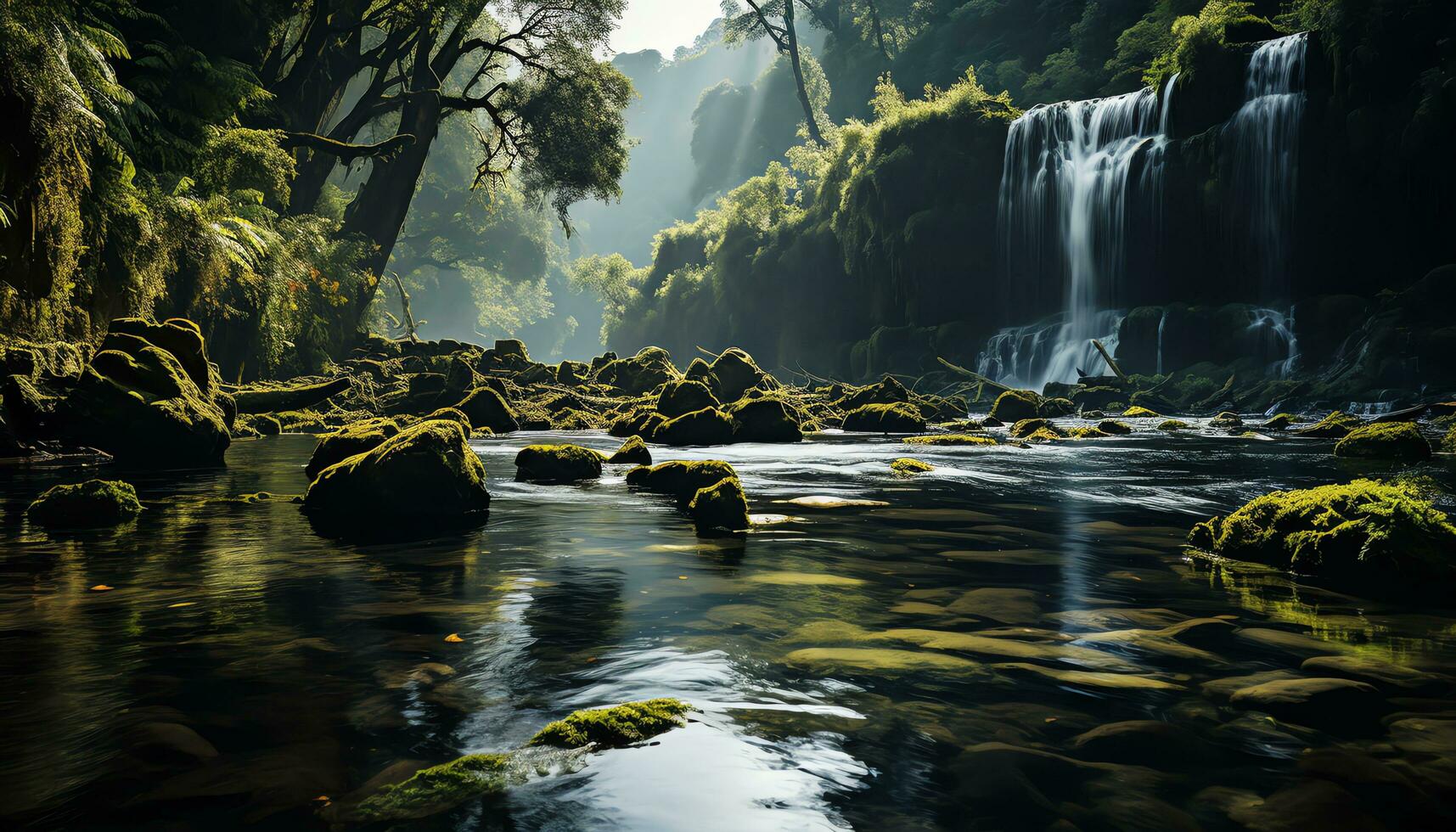 AI generated a waterfall in the middle of a forest with rocks and moss photo