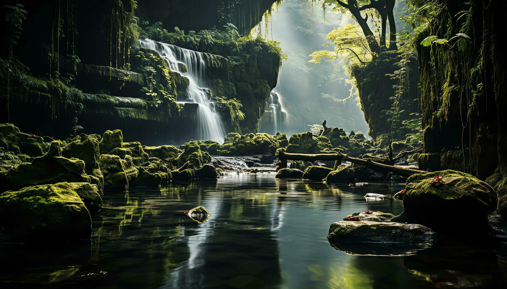 AI generated a river flowing through a forest with mossy rocks photo