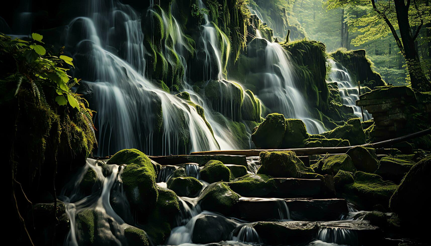 AI generated a waterfall in the middle of a forest with rocks and trees photo