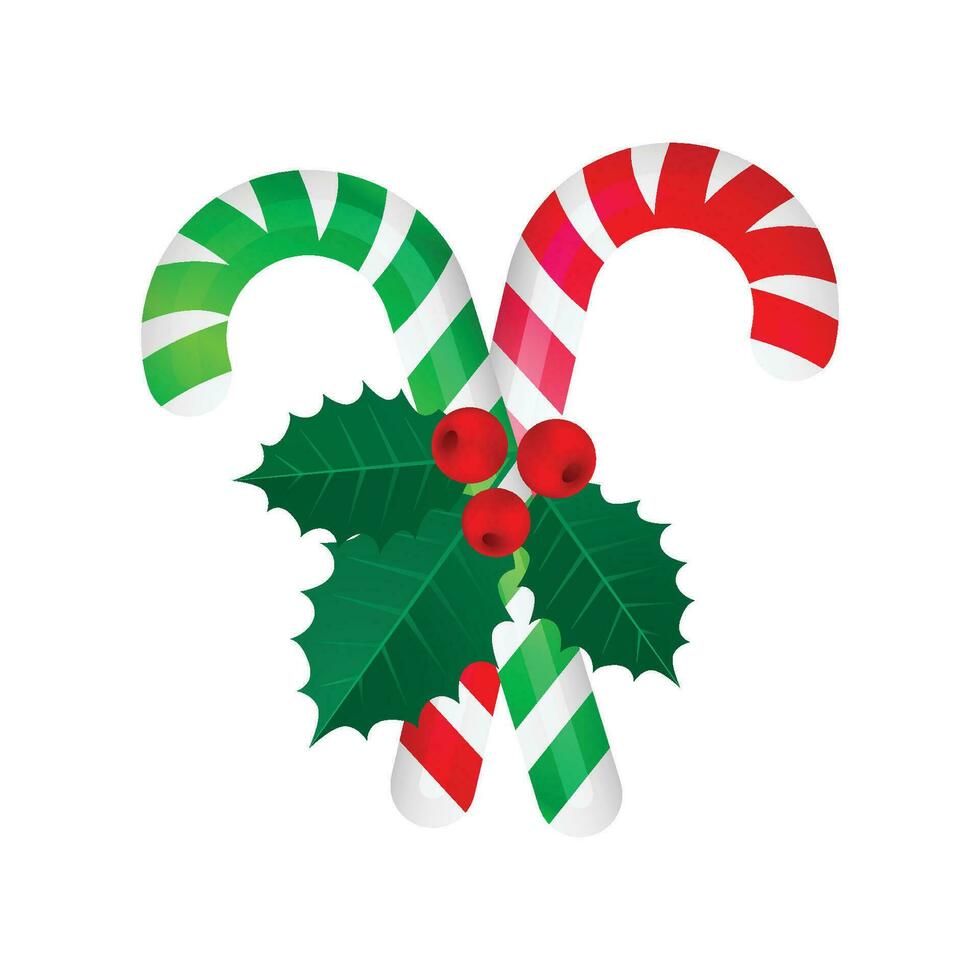 Vector christmas candy canes with red bow and christmas tree branch on white