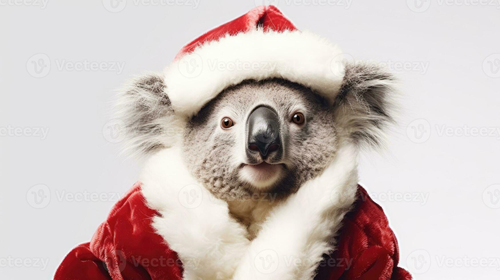 AI generated Cute koala red santa hat background snow postcard fluffy animals gift red winter photo