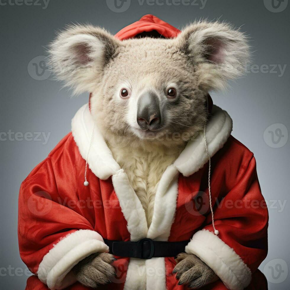 AI generated Cute koala red santa hat background snow postcard fluffy animals gift red winter photo