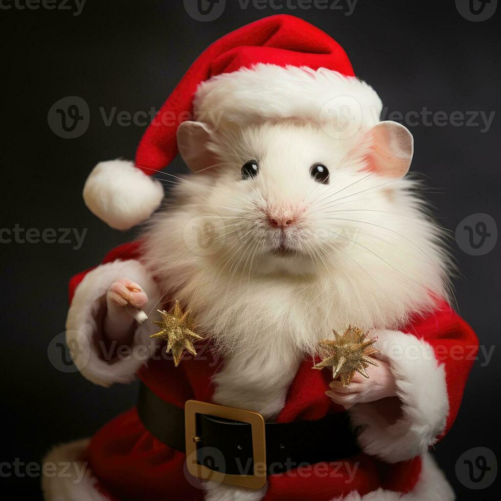 AI generated Adorable fluffy hamster Santa hat sitting Christmas present box lights photo new year poster