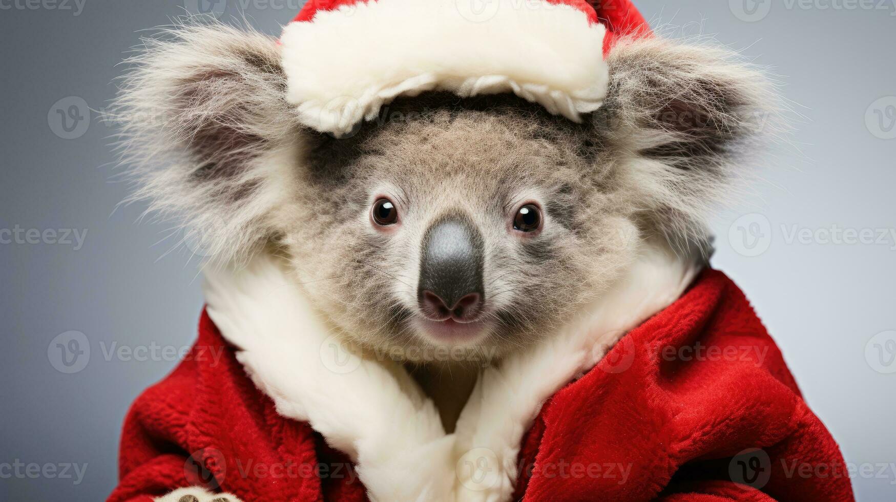 AI generated Cute koala red santa hat background snow postcard fluffy animals gift red winter photo