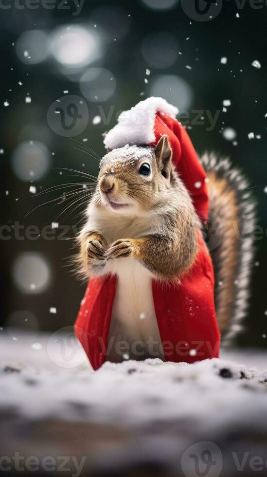 AI generated Cute koala red santa hat background snow postcard fluffy animals gift red winter photo