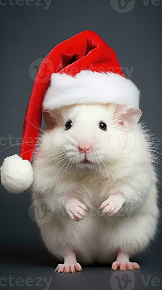 AI generated Adorable fluffy hamster Santa hat sitting Christmas present box lights photo new year poster