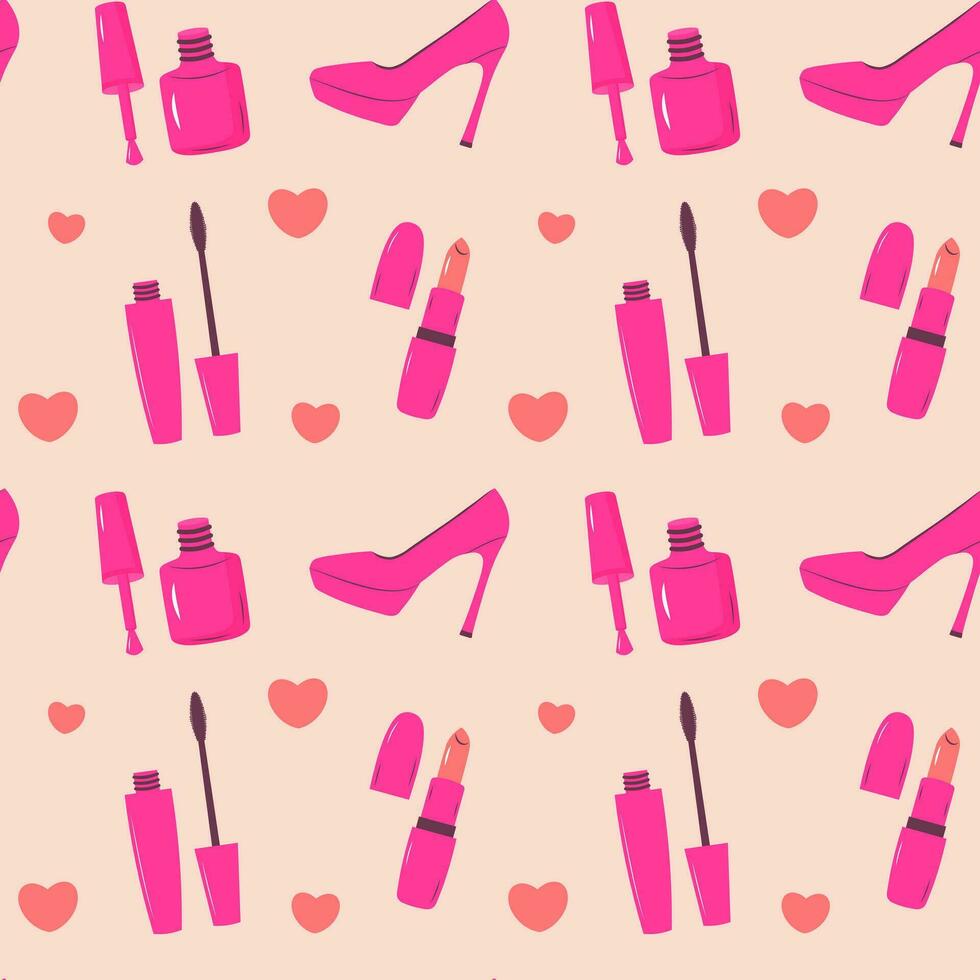 Pinkcore glamour seamless pattern. Pink pattern with female makeup products, shoes and hearts. vector