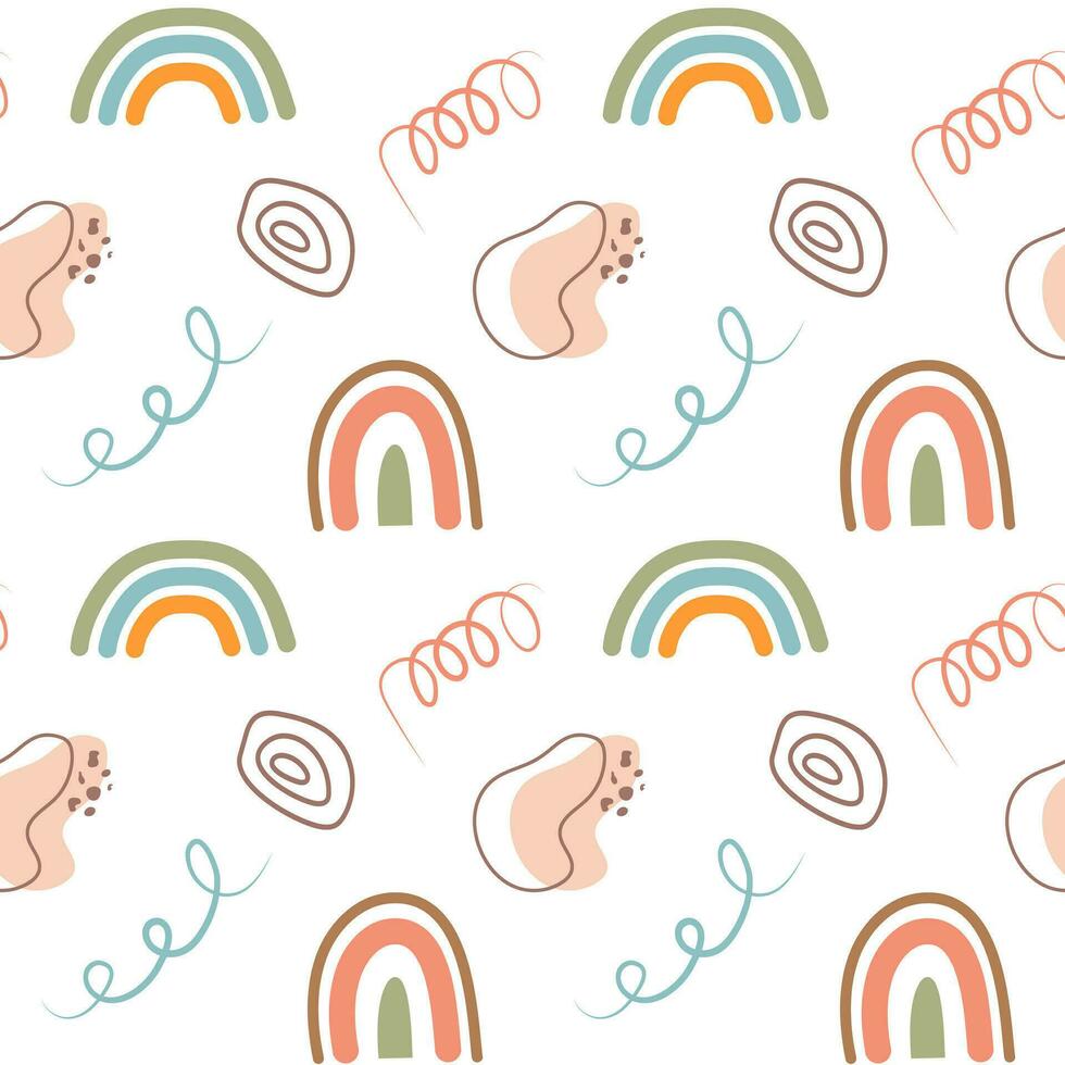 Boho seamless pattern. Cute scandinavian rainbows and abstract shapes background. vector