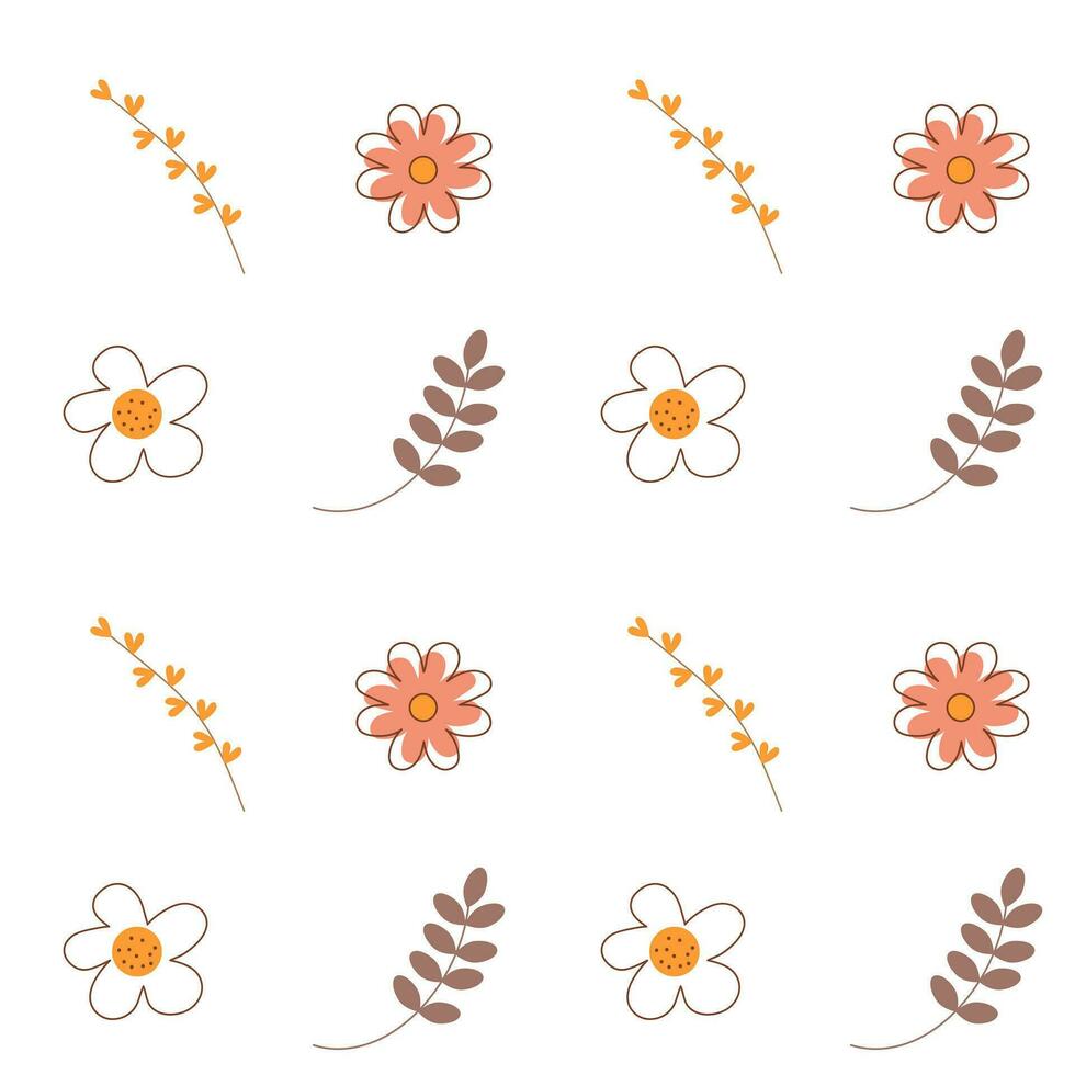 Boho seamless pattern. Cute flowers and twigs background. vector